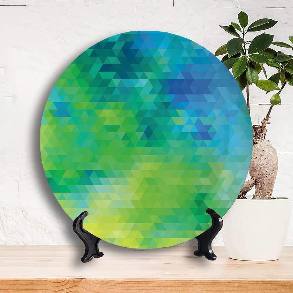 Decorative Plates, Yellow and Blue Print Ornament, Geometric Abstract Pattern with Triangles Ombre Inspired, 6 Inch, Kitchen Wall Decor, Turquoise Lime Green Yellow