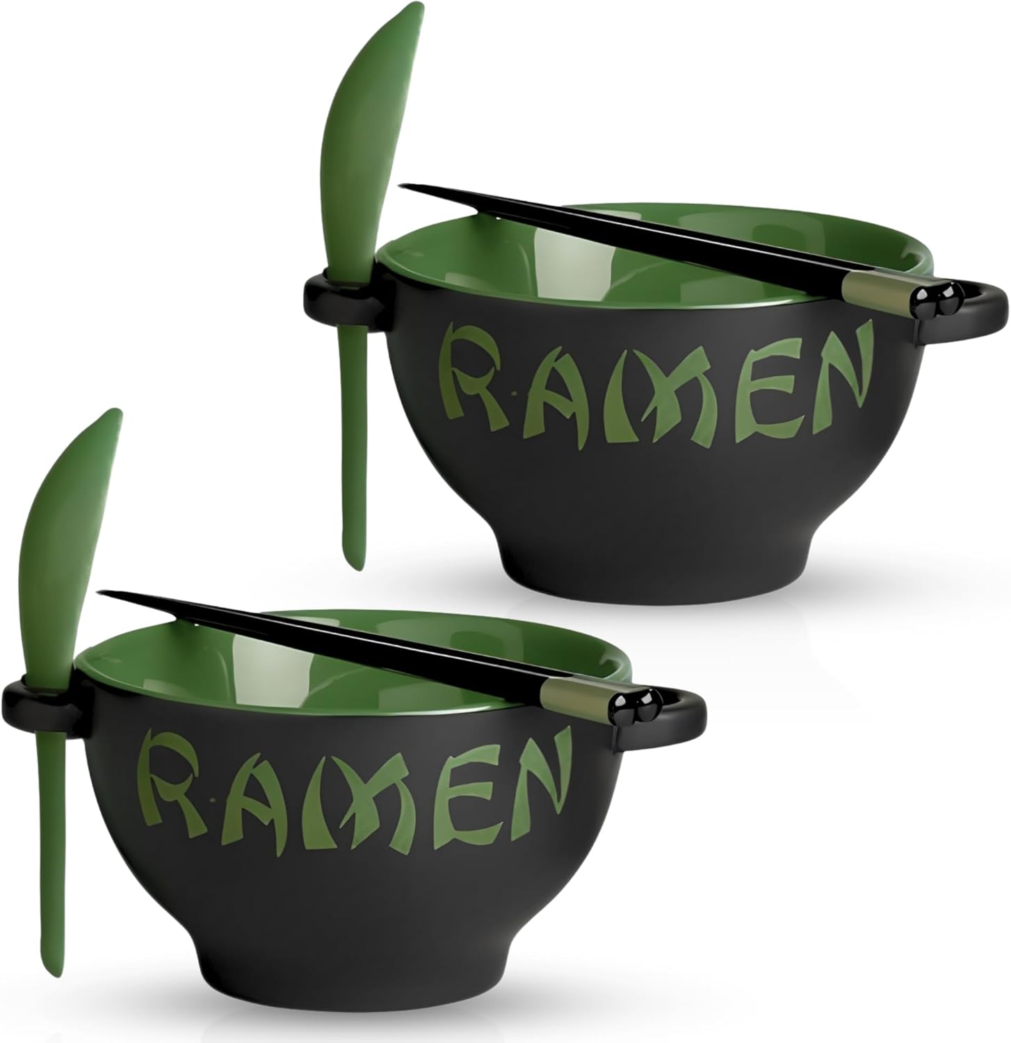 Ceramic Ramen Bowl Set with Chopsticks and Spoon - Set of 2 Microwavable Noodle Bowl Kitchen Set for Instant Noodles, Pho, Udon Noodles, Miso Soup - Green Japanese Ramen Bowls Ceramic Gifts (21 oz)