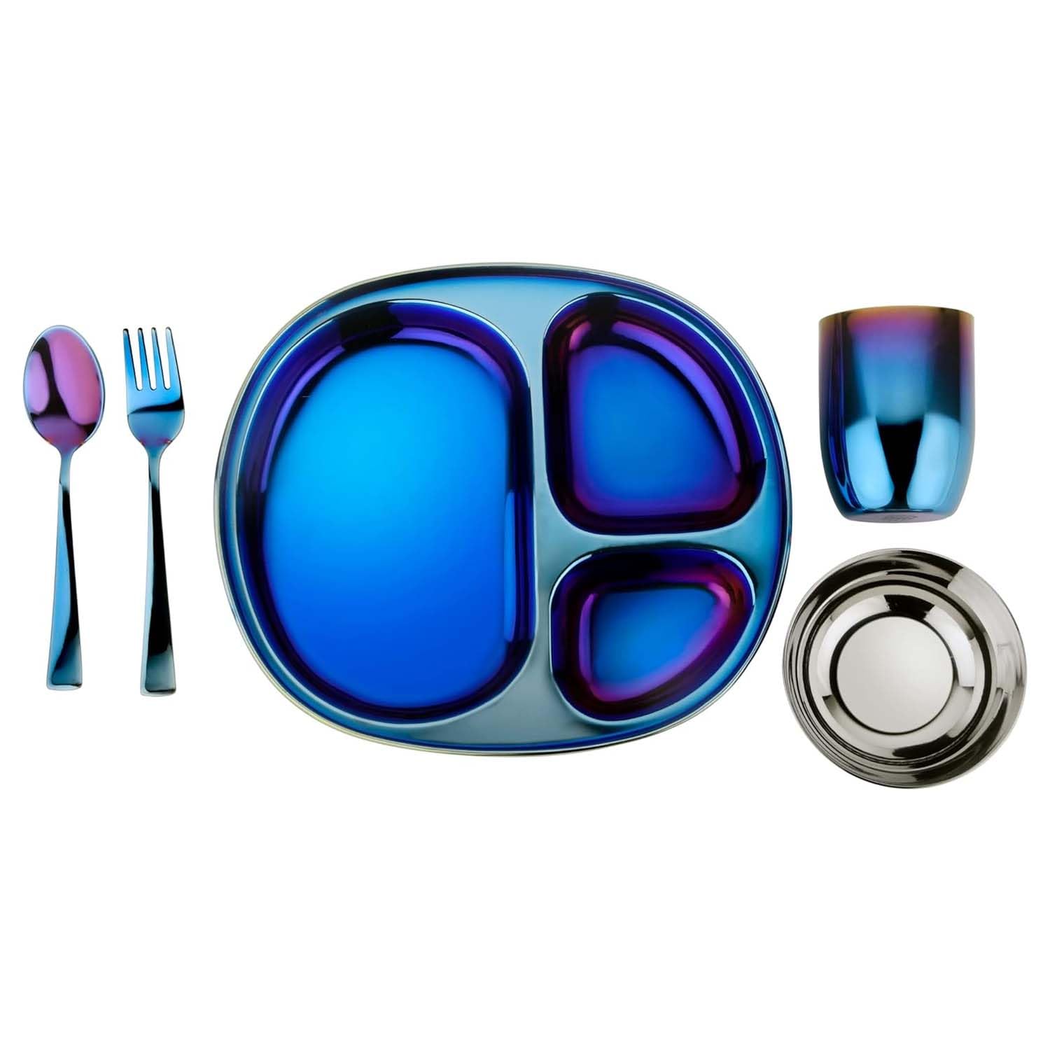 Ahimsa Stainless Steel Kids Dinnerware Set, Pediatrician Designed, 5 Piece Toddler Plates and Bowls Set, Stainless Steel Divided Plate, Cup and Kids Utensils, Blue