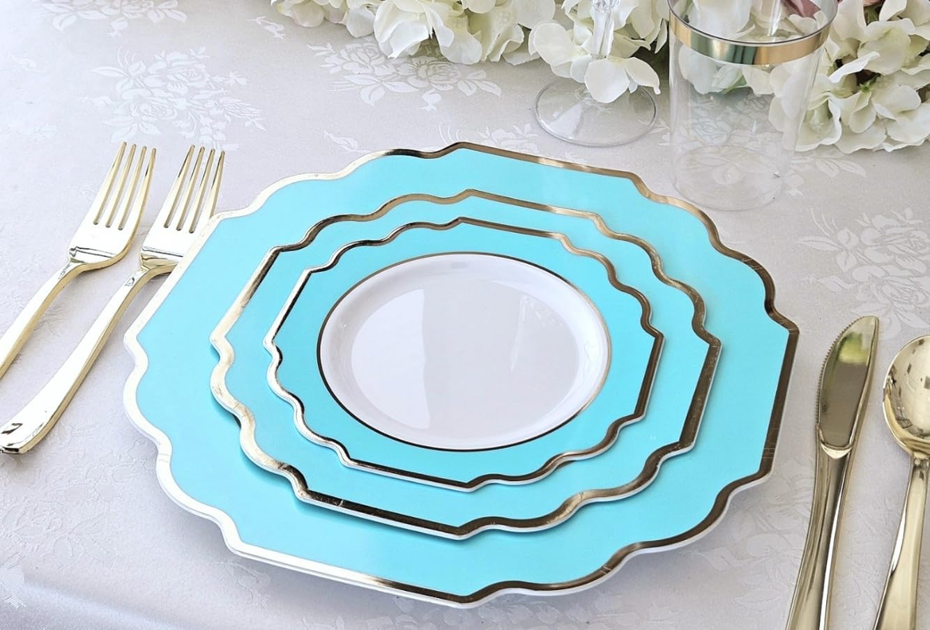 " OCCASIONS " 150 Piece set (25 Guests)-Wedding Plastic Plates & cutlery -Disposable heavyweight Dinnerware 10.5'', 8''+Silverware w/double fork (Imperial Aqua/Gold))