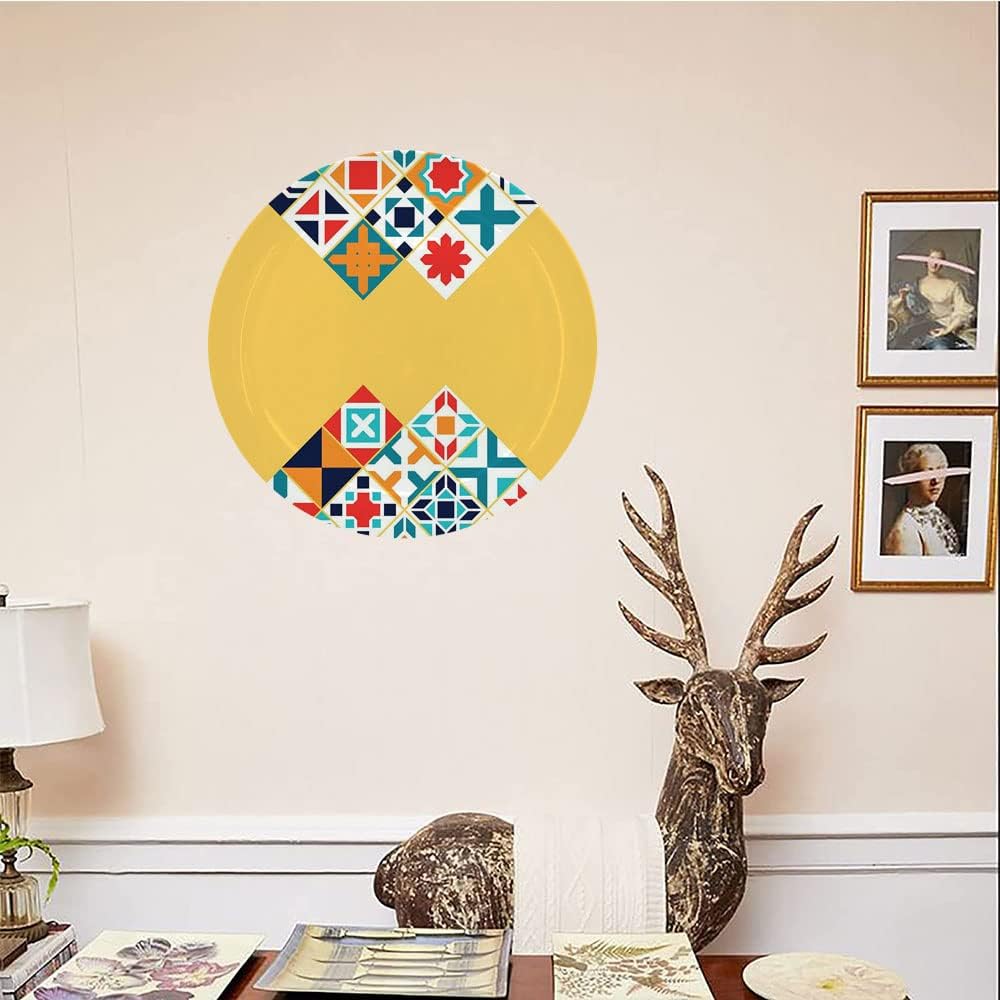 Decorative Plates, Yellow and Blue Print Ornament, Colorful Geometric Traditional Motifs Tile Design, 8 Inch, Kitchen Wall Decor, Multicolor