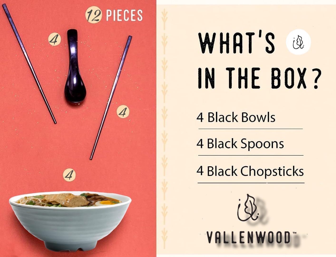 4 Ramen Bowls, 12 pieces Pho set. Gray White Asian Japanese soup. Utensil: Spoons And Chopsticks kit. Melamine. Large 37 oz. Noodles, Rice, Udon, Thai, Chinese, Korean, Wonton, Miso.