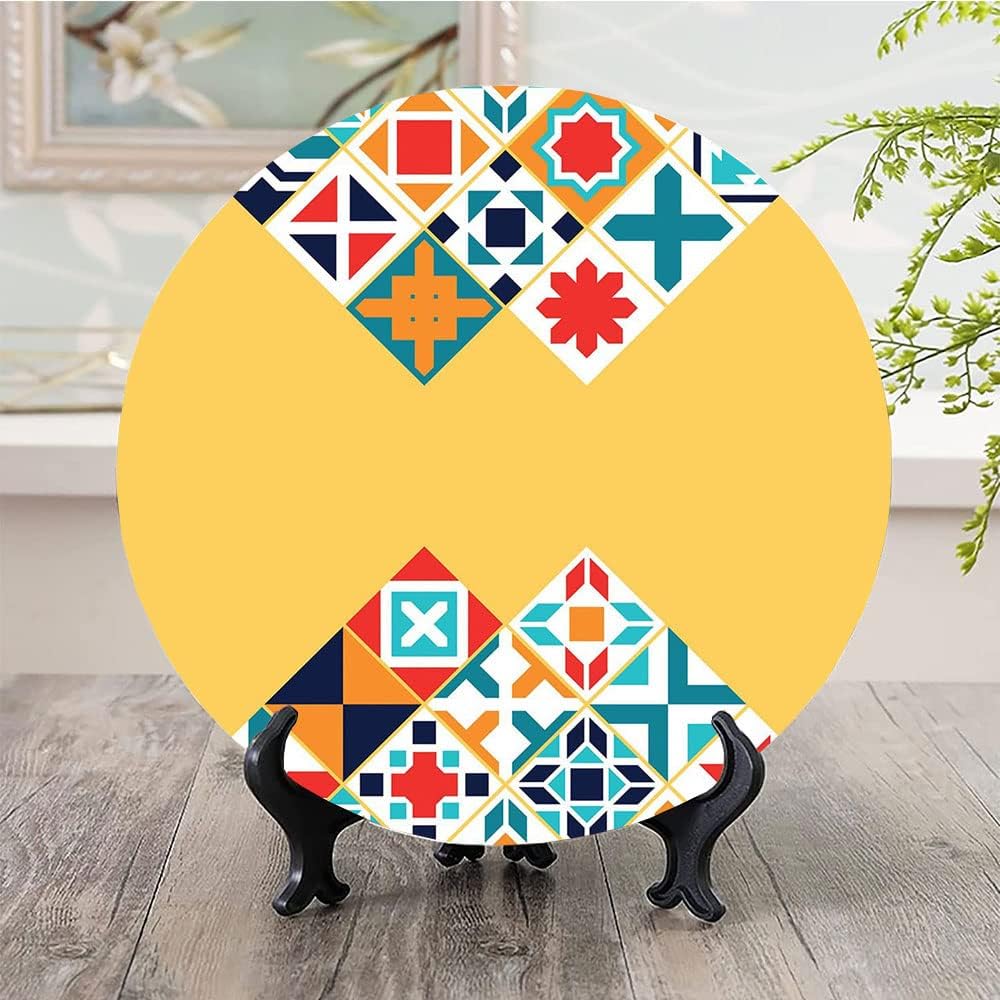Decorative Plates, Yellow and Blue Print Ornament, Colorful Geometric Traditional Motifs Tile Design, 8 Inch, Kitchen Wall Decor, Multicolor