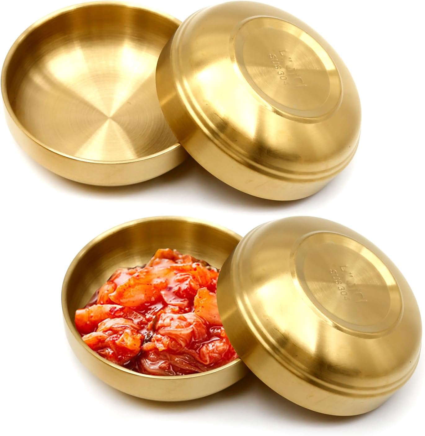 MDEOOSKY 4PCS Large Stainless Steel Sauce Dish 4.72inch Appetizer Plates Double-Deck Plates 304 Stainless Steel Plates for Oil Vinegar Juice Salad Appetizer Side Dish Ketchup (Gold 4.72IN)