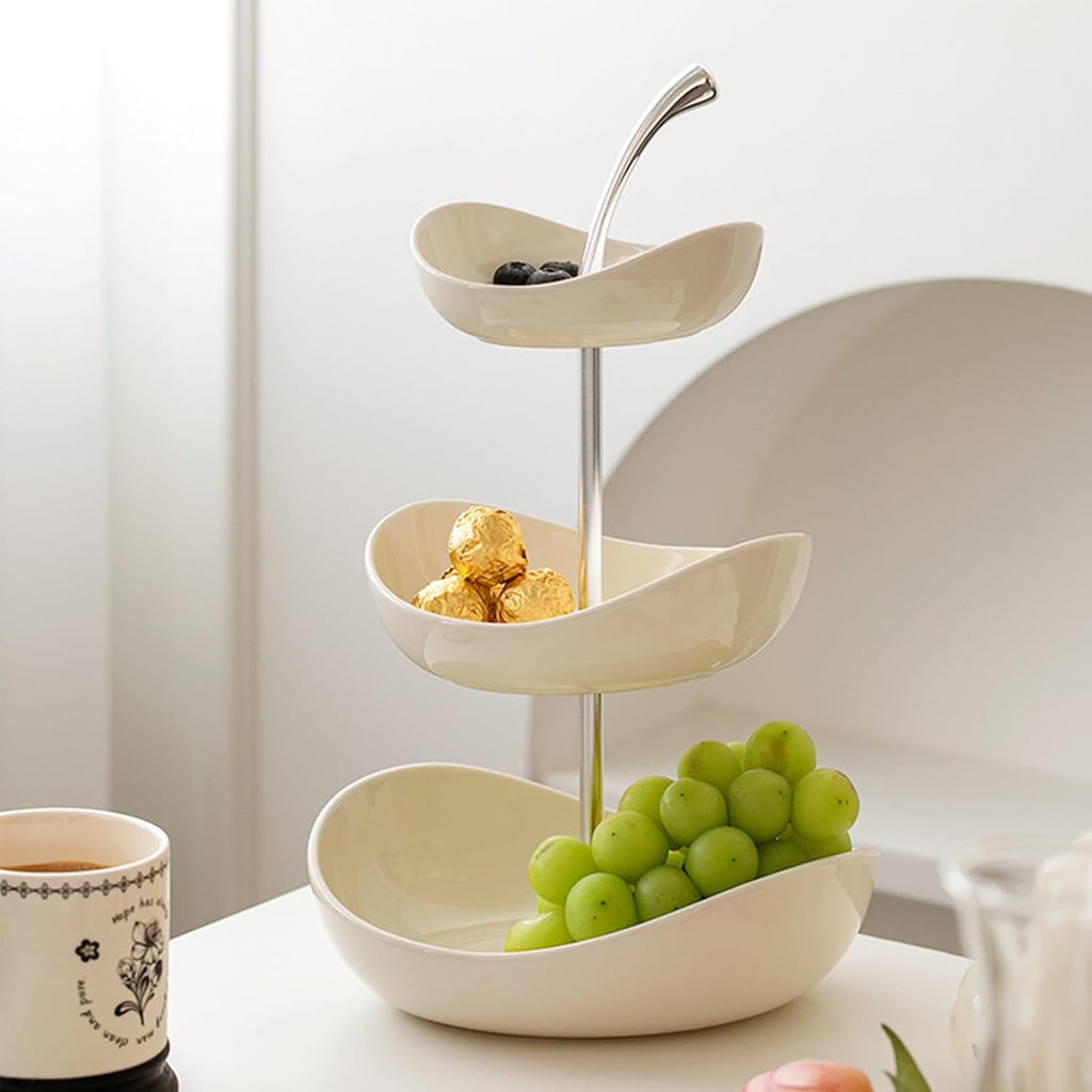 Fruit Bowl for Kitchen Counter, 3 Tier Ceramic Fruit Basket, Tiered Serving Bowls with Metal Stand, Modern Fruit Display Stand for Snack Cake Party(2 Tier, White)