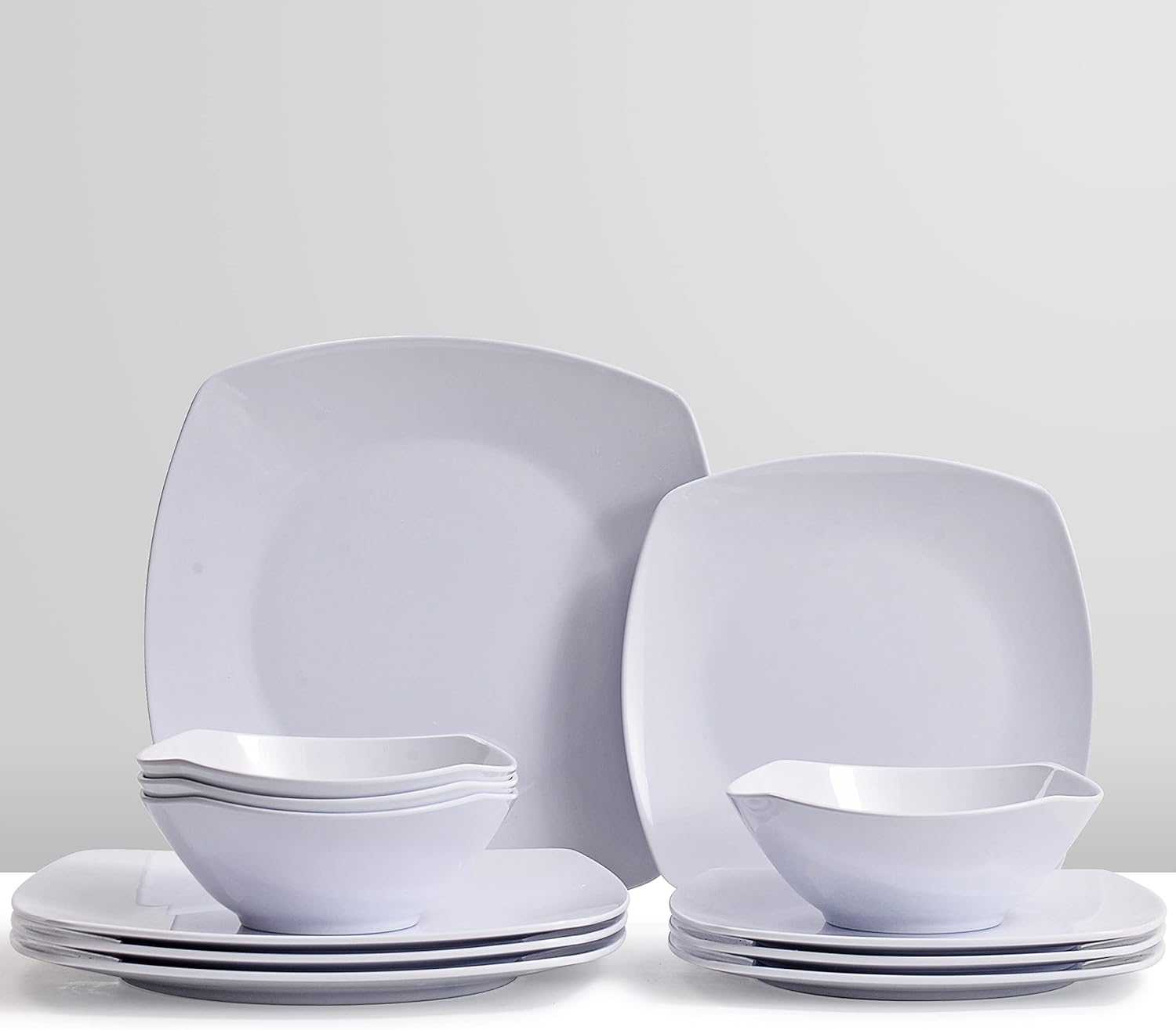 Melamine Dinnerware Sets, Square Dinnerware Sets, White Color Plates and Bowls Sets for 4, Unbreakable Dishwasher Safe BPA Free