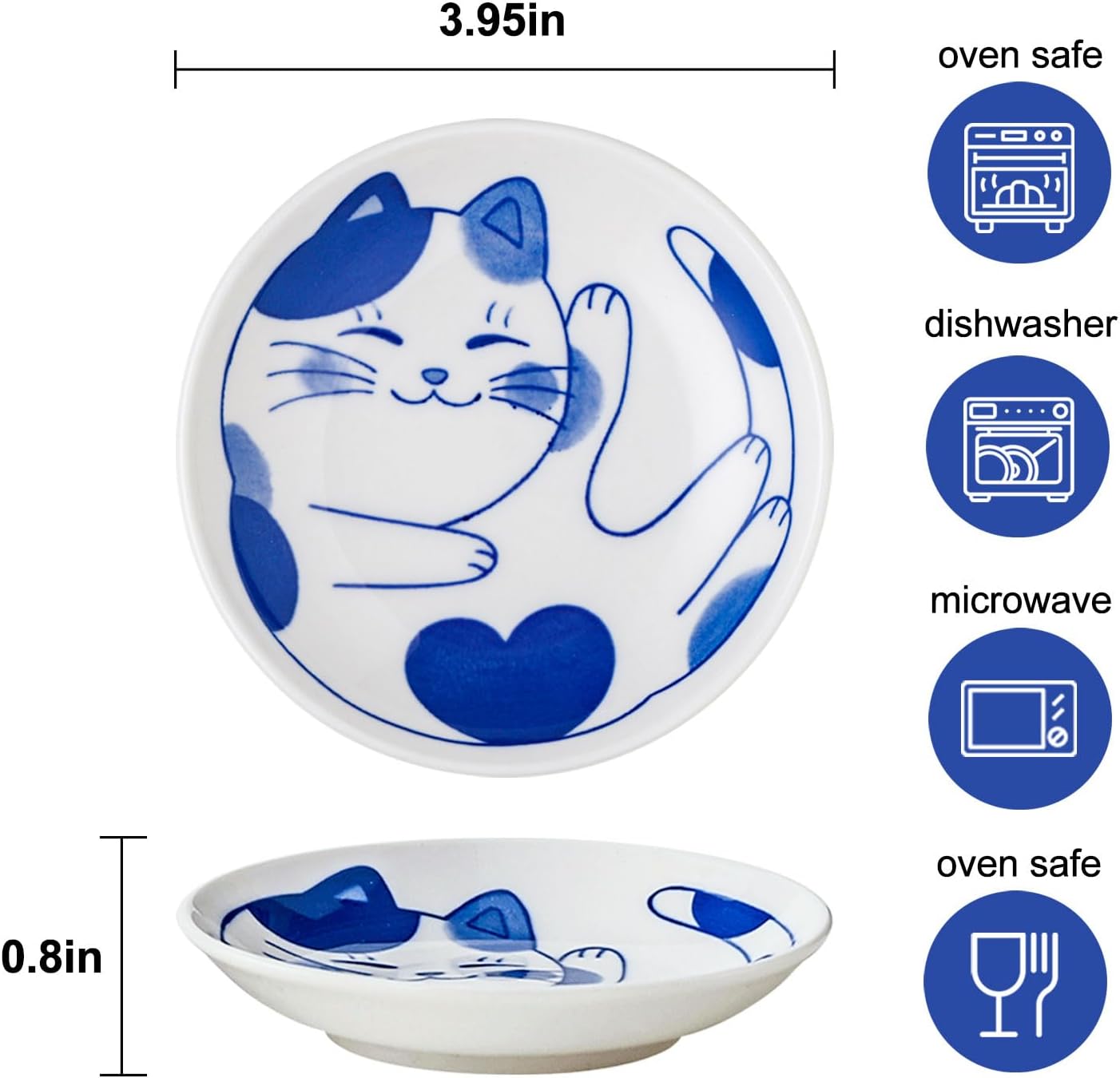 VanEnjoy Small Cute Ceramic Dishware Sets, Kawaii Cat Plates, Blue Shushi Plate Set Of 4, Japanese Plates, Dessert Plates Ceramic