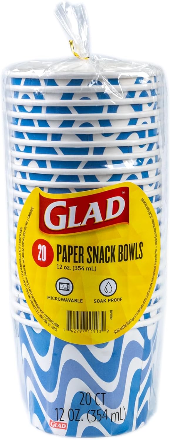 Glad Everyday Paper Snack Bowls with Blue Wave Print, Lids Not Included - Disposable Snack Bowls, Heavy Duty Paper Bowls for Everyday Use, 12 Ounces, 20 Count - 6 Pack