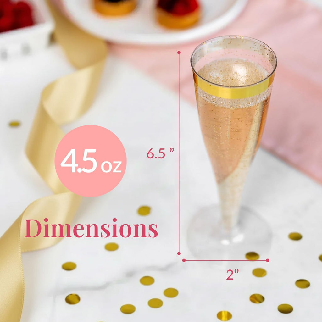 Prestee 48 Disposable Plastic Champagne Flutes with Gold Rim Glitter - Clear Toasting Glasses for Mimosa, New Year’s Eve Party, and Elegant Celebrations - Premium Quality Disposable Stemware