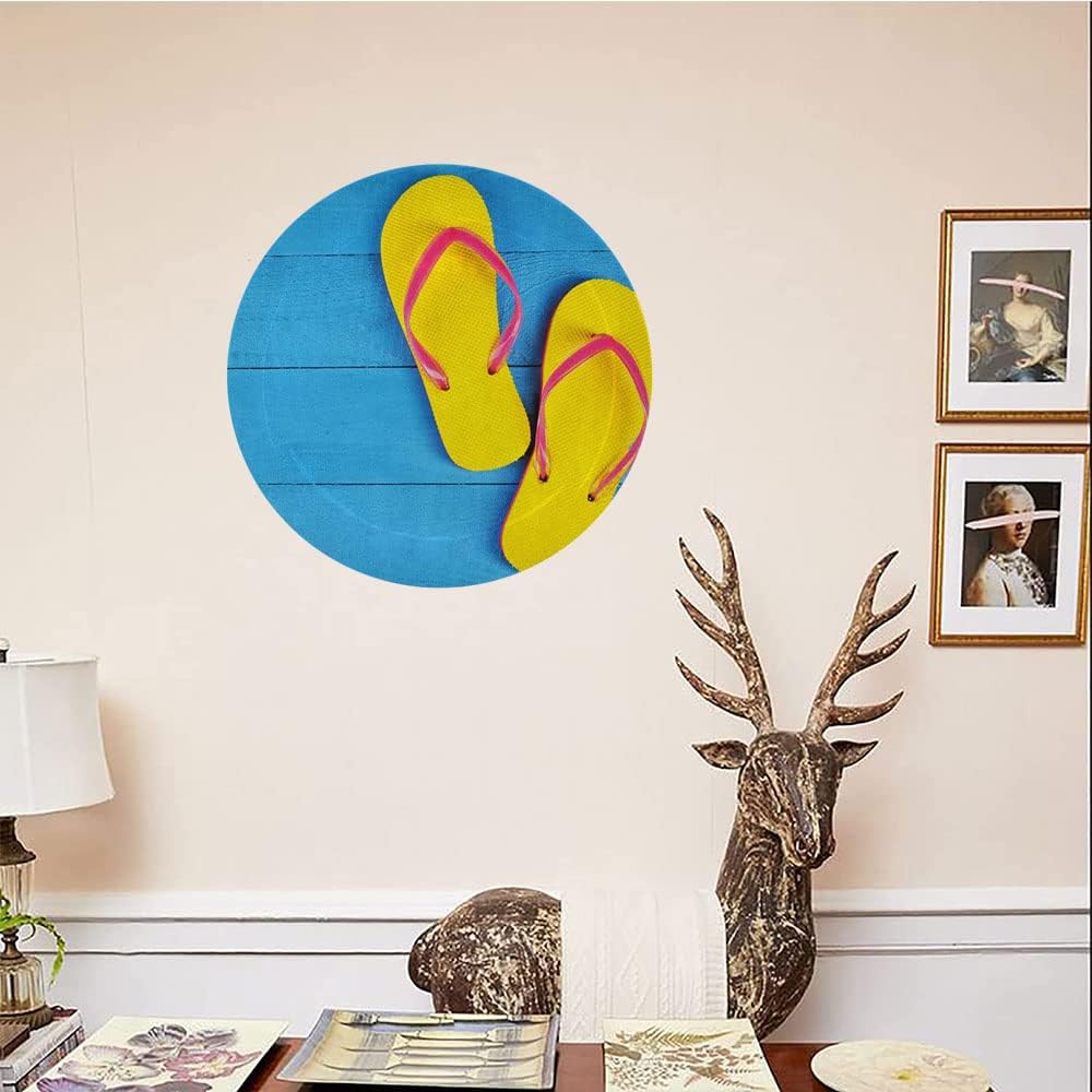 Decorative Plates, Yellow and Blue Print Ornament, Flip Flops on Wooden Pier Cheerful Holiday, 7 Inch, 1 Plate with 1 Display Stand, Sky Blue Yellow Pink