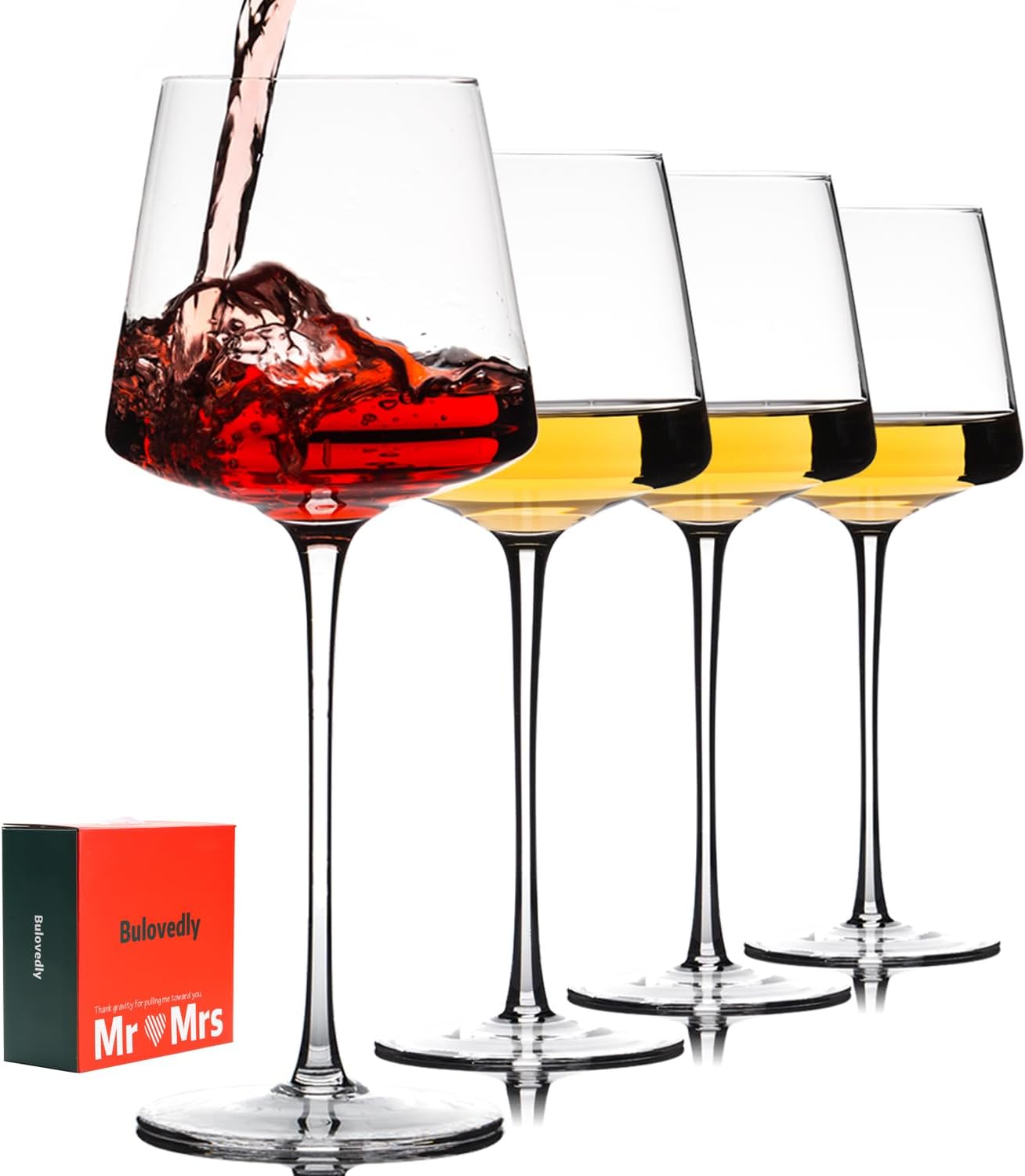 25oz Red Wine Glasses Set of 4, Hand Blown, Large Premium Crystal Wine Glass– Burgundy Wine Glasses With Long Stem – Unique Gift for Wedding, Home Party, Clear Lead-Free Stemmed Square Wine Glasses