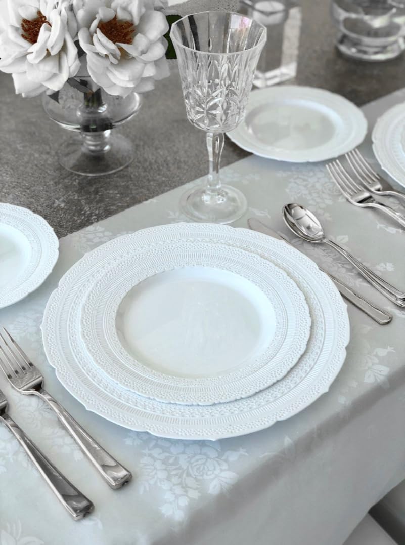 " OCCASIONS " 200pcs set (25 Guests)-Extra Heavyweight Vintage Wedding Disposable/Reusable Plastic Plates (25 x 11'' + 25 x 8.25'')+Silverware+12oz Cups+Napkins (Chateau Collection White)