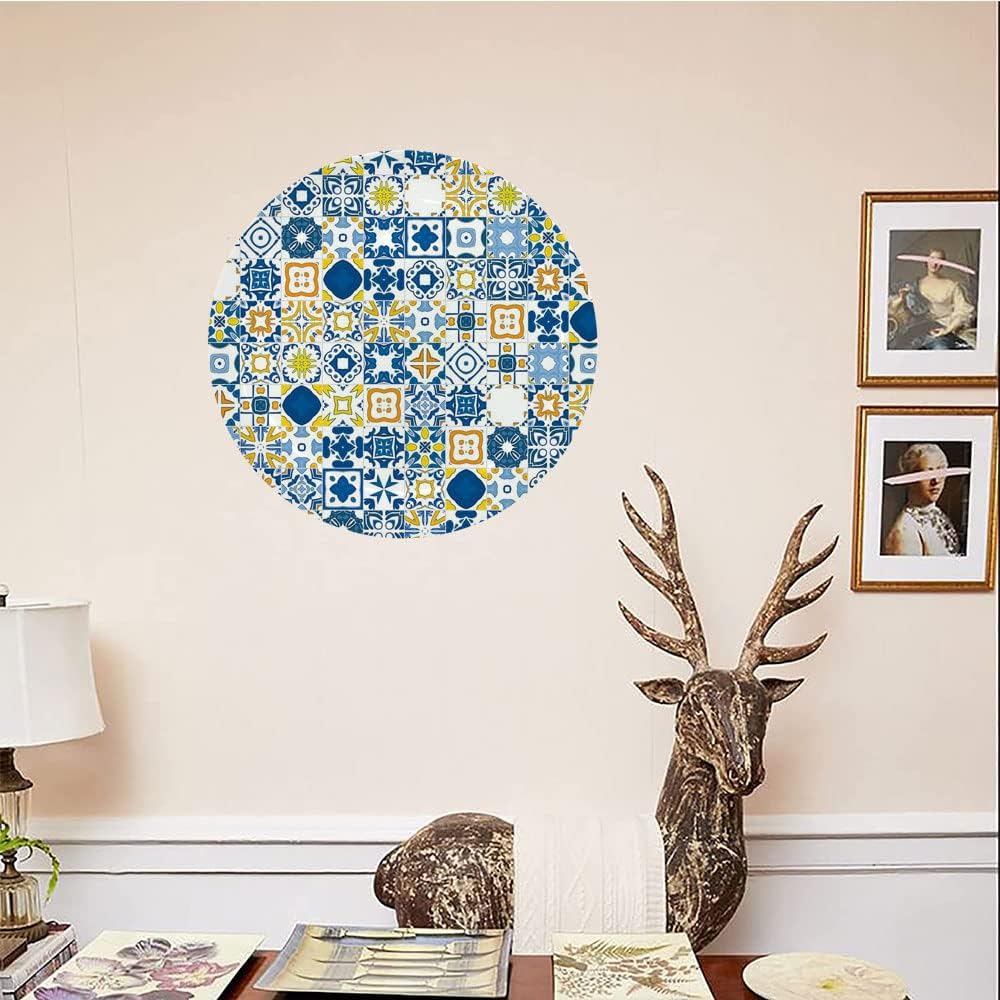 Ceramic Display Plate, Yellow and Blue Ceramic Hanging Decorative Plate, Mosaic Portuguese Azulejo Mediterranean Arabesque Effect, 7 Inch, Living Room Kitchen Decoration Household