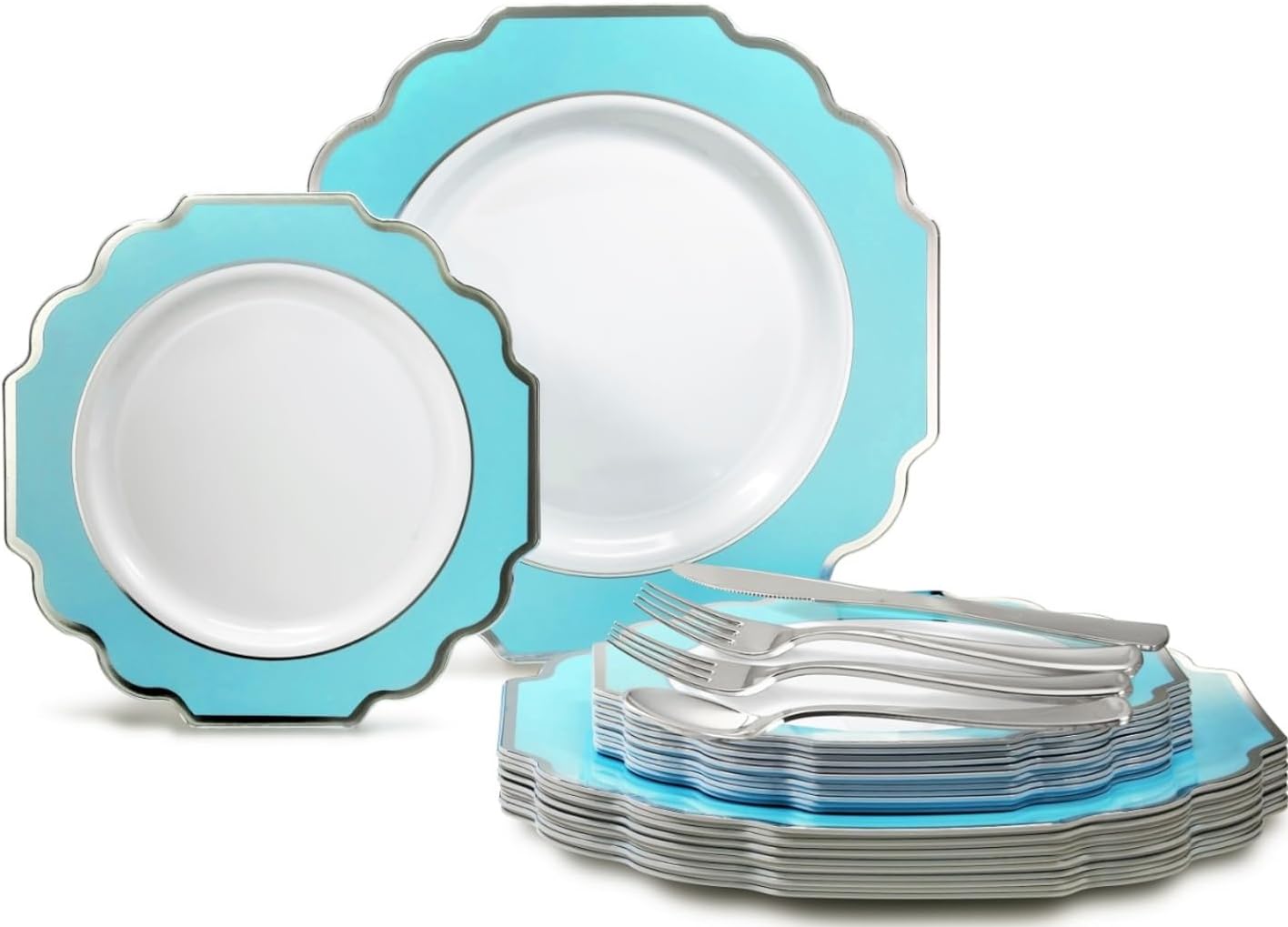 " OCCASIONS " 150 Piece set (25 Guests)-Wedding Plastic Plates & cutlery -Disposable heavyweight Dinnerware 10.5'',8''+Silverware w/double fork (Imperial Turquoise Blue/Green & Silver)