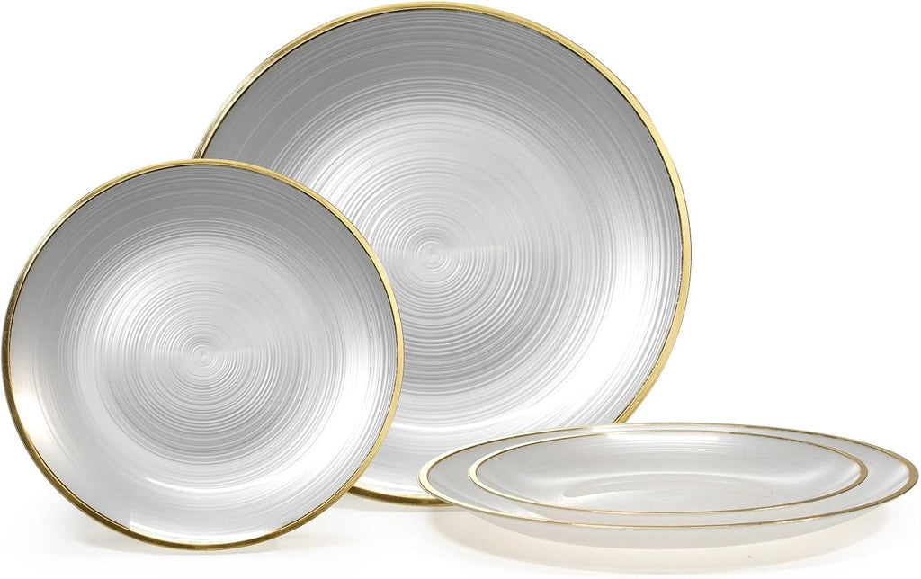 " OCCASIONS " 100 Plates Pack,(50 Guests) Premium Wedding Party Disposable Plastic Plates Set -50 x 10'' Dinner + 50 x 7'' Salad/Dessert (Belize in White Pearl & Gold)