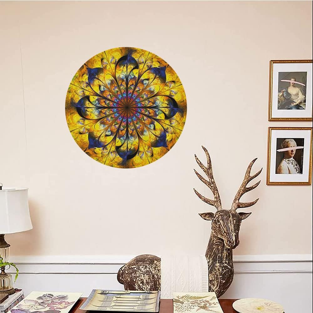 Ceramic Plates, Yellow and Blue Decorative Ceramic Plates, Mandala with Golden Floral Ornamental Psychedelic Fantasy, 8 Inch, for Dining, Parties, Wedding, Navy Gold