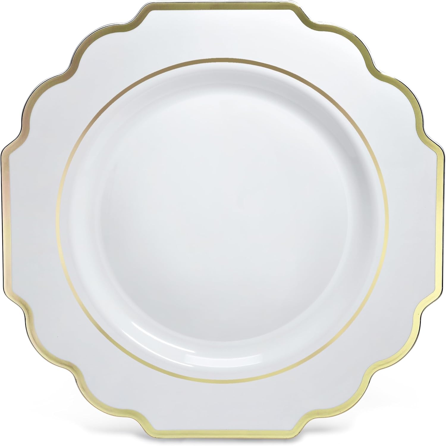 " OCCASIONS " 150 Piece set (25 Guests)-Wedding Plastic Plates & cutlery -Disposable heavyweight Dinnerware 10.5'', 8'' + Silverware w/double fork (Imperial White & Gold)