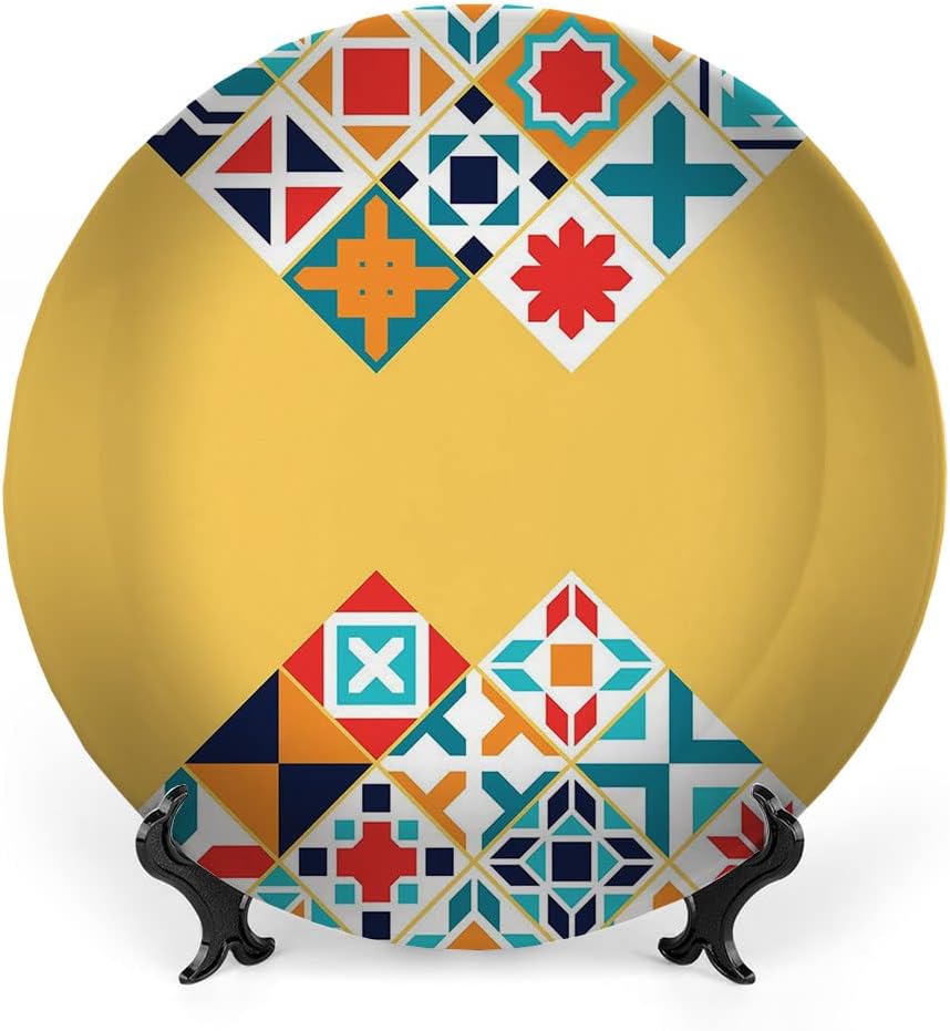 Ceramic Display Plate, Yellow and Blue Ceramic Hanging Decorative Plate, Colorful Geometric Traditional Motifs Tile Design, 7 Inch, Living Room Kitchen Decoration Household, Multicolor