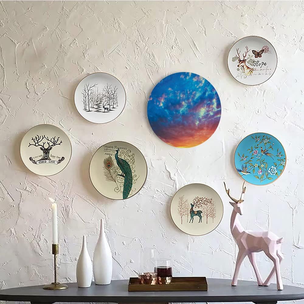 Decorative Plates, Yellow and Blue Print Ornament, Dramatic Sky Sunset Scenic Cloudscape Idyllic, 6 Inch, Kitchen Wall Decor, Coral Earth Yellow