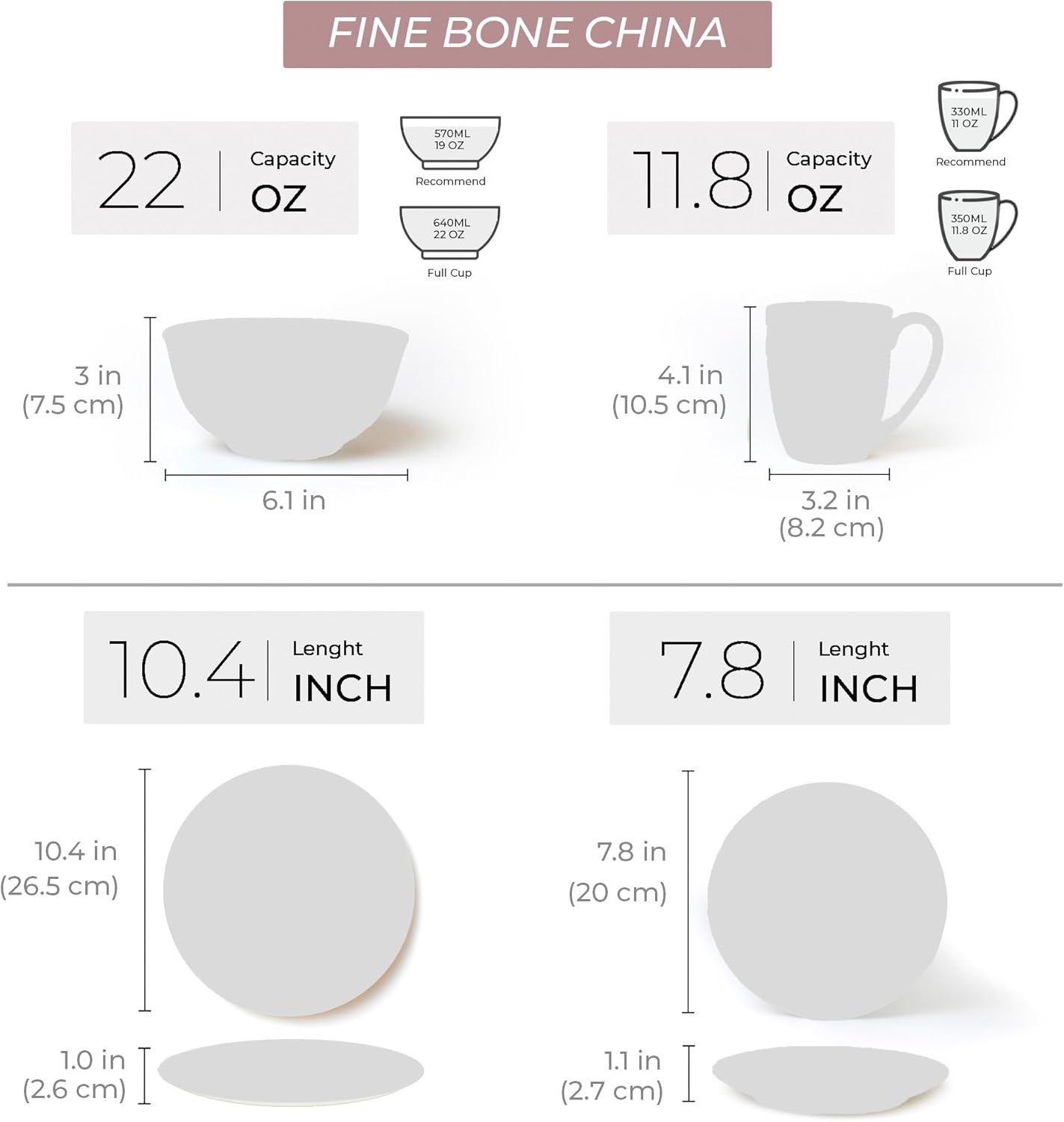 KOKEN Porcelain Dinnerware Set - 16 Pc Round Dinner Set with Mugs, Microwave Safe