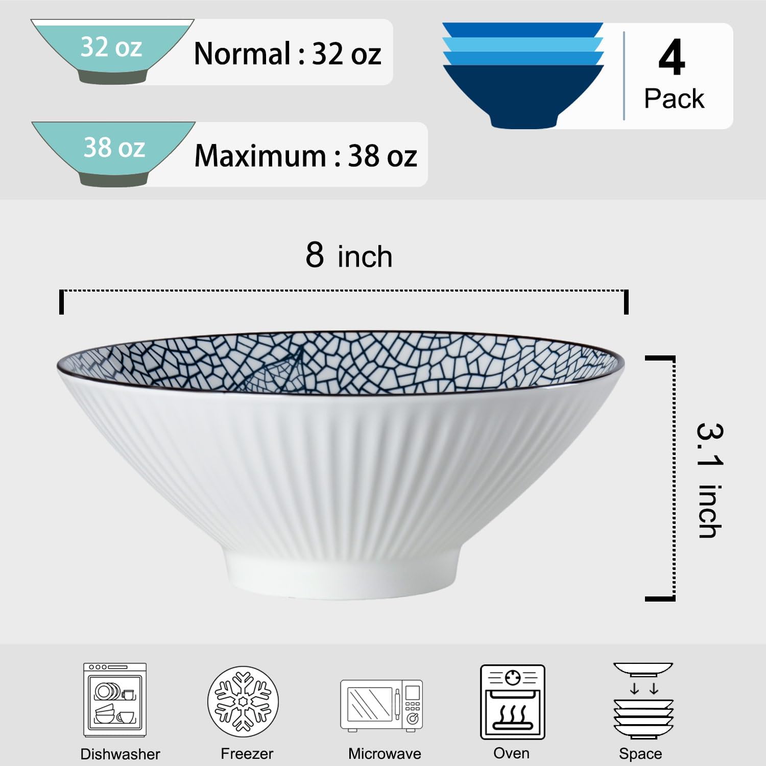 38 oz Japanese Ramen Bowls Set of 4, Large Pho Bowls, 8 Inch Ceramic Blue and White Soup Bowls, Leaf Pattern