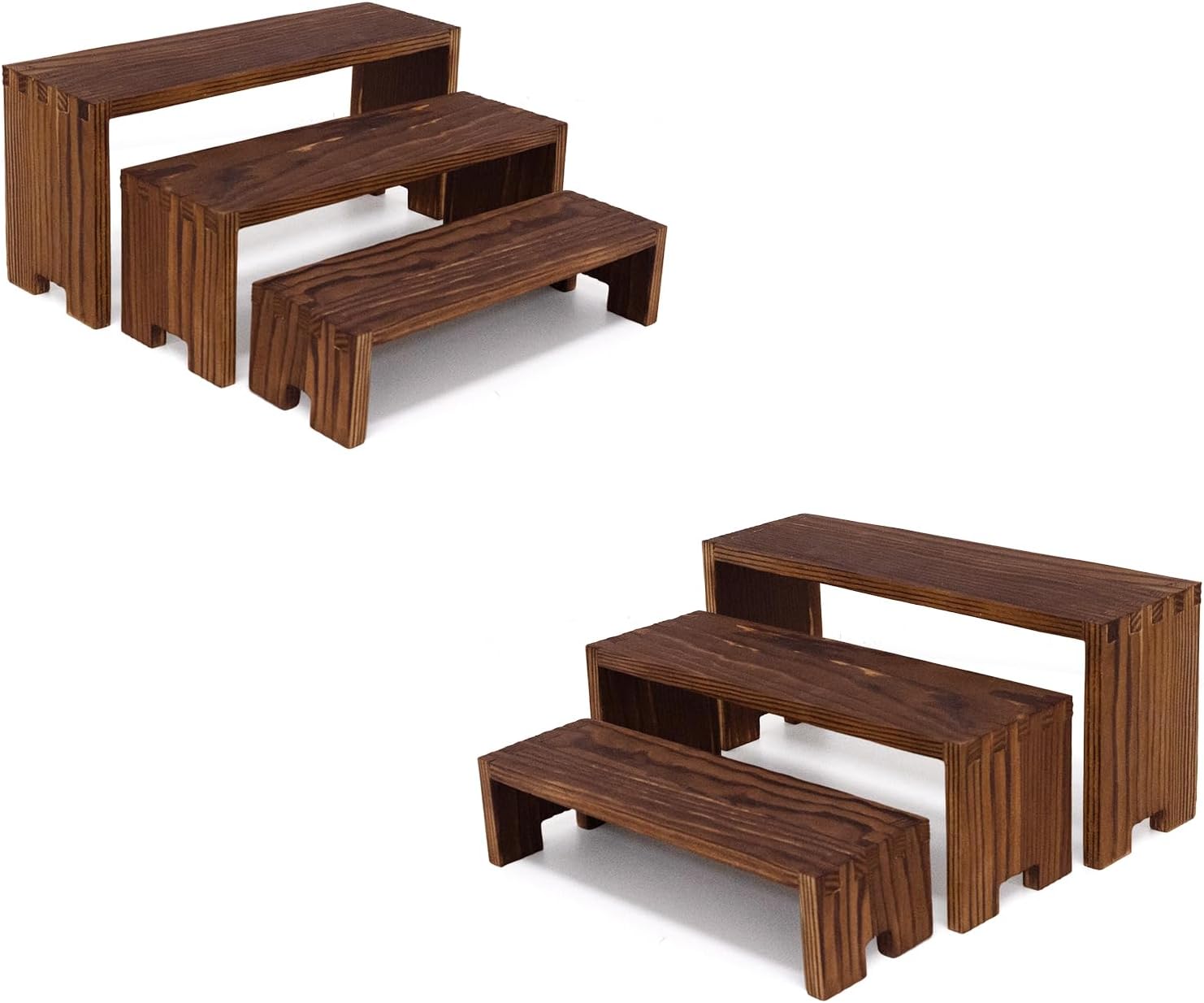 Display Wood Risers Wooden Stand 3 Tier Wood Racks Decorative Rectangular, 2 Set 6 Piece Cupcake Stands Cologne Perfume Organizer Dessert Showcase(Brown)