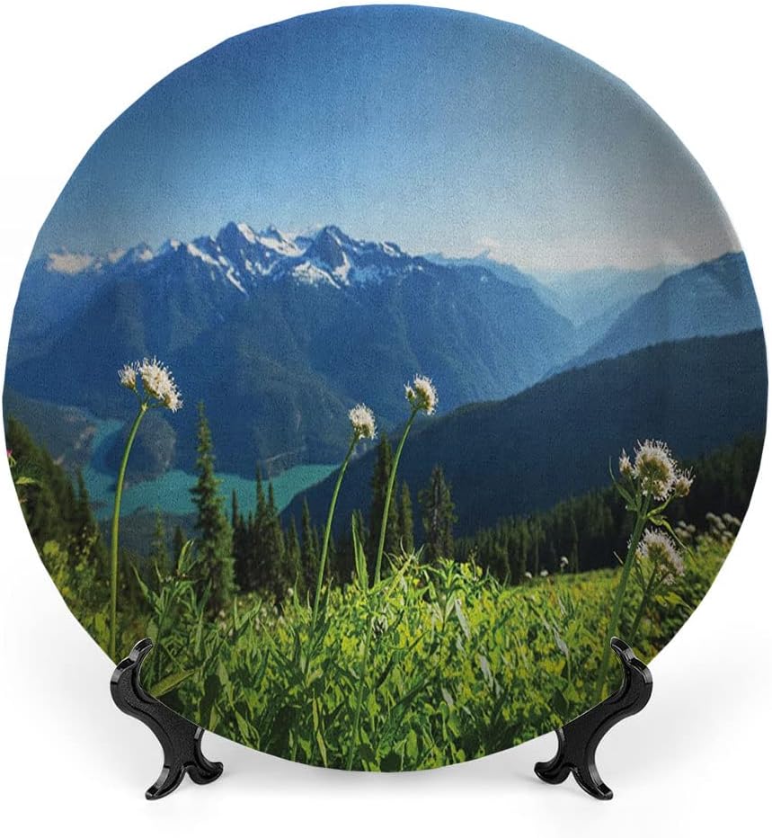 Decorative Plates, Nature Print Ornament, Diablo Lake Mountains Dandelions Thistle, 10 Inch, 1 Plate with 1 Display Stand, Green Sky Blue