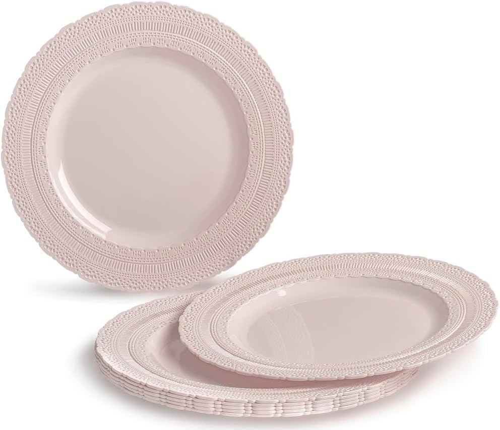 " OCCASIONS " 150pcs set (25 Guests)-Extra Heavyweight Vintage Wedding Disposable/Reusable Plastic Plates (25 x 11'' + 25 x 8.25'') + Silverware (Chateau Collection in Blush Pink)