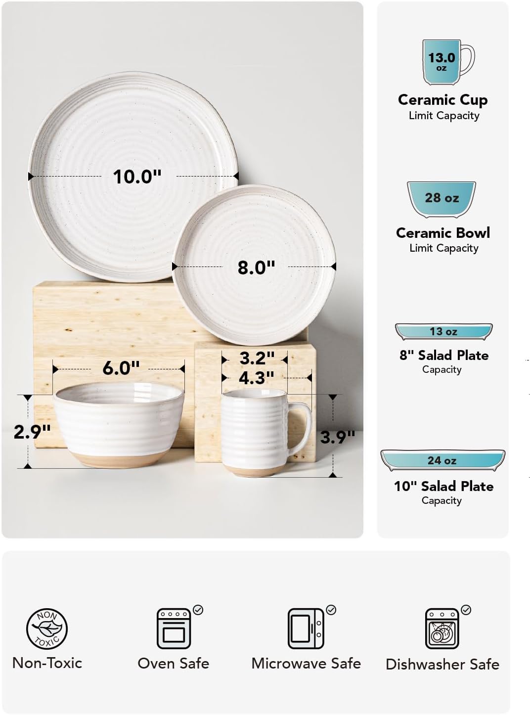 LE TAUCI Dinnerware Sets 16 PCS, Stoneware Plates and Bowls Set, House Warming Wedding Present, Serve for 4 (10" Dinner Plates + 8" Salad Dish + 28 oz Cereal Bowl+12oz coffee mugs) x 4, Arctic White
