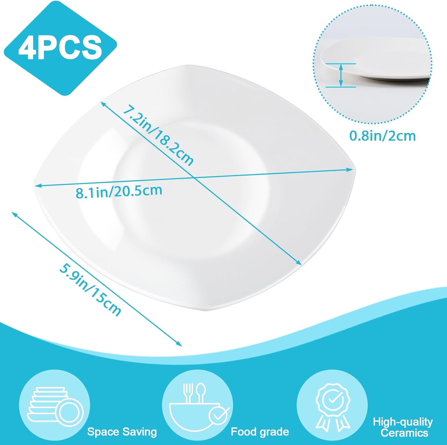 4 Piece Porcelain Dinner Plate, 7 inch Ceramic Appetizer Plates, White Square Dessert Plates,Square Serving Plate for Steak, Snacks, Salad,Pasta, Microwave & Dishwasher Safe, Scratch Resistant