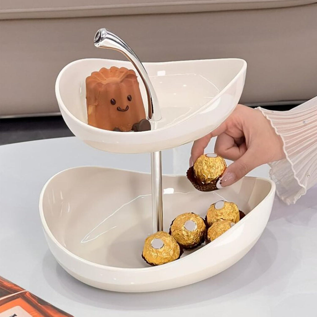 Fruit Bowl for Kitchen Counter, 3 Tier Ceramic Fruit Basket, Tiered Serving Bowls with Metal Stand, Modern Fruit Display Stand for Snack Cake Party(2 Tier, White)