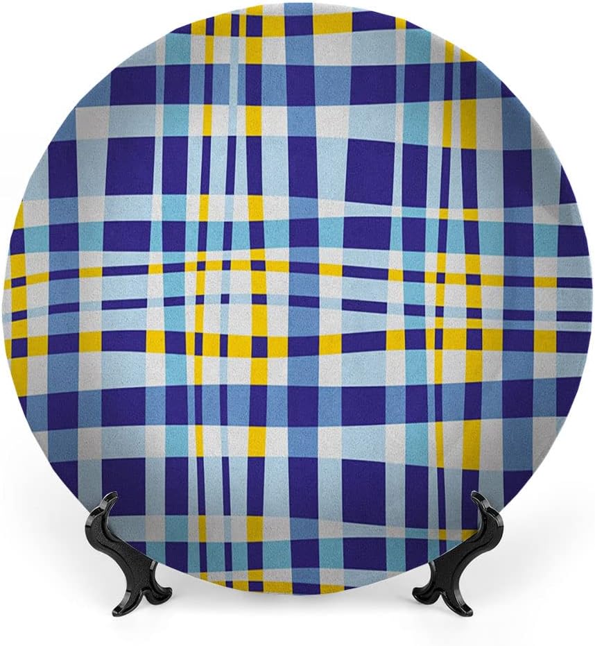Decorative Plates, Yellow and Blue Print Ornament, Retro Scottish Checkered Tartan with Color Stripes, 7 Inch, 1 Plate with 1 Display Stand, Pale and Violet Blue