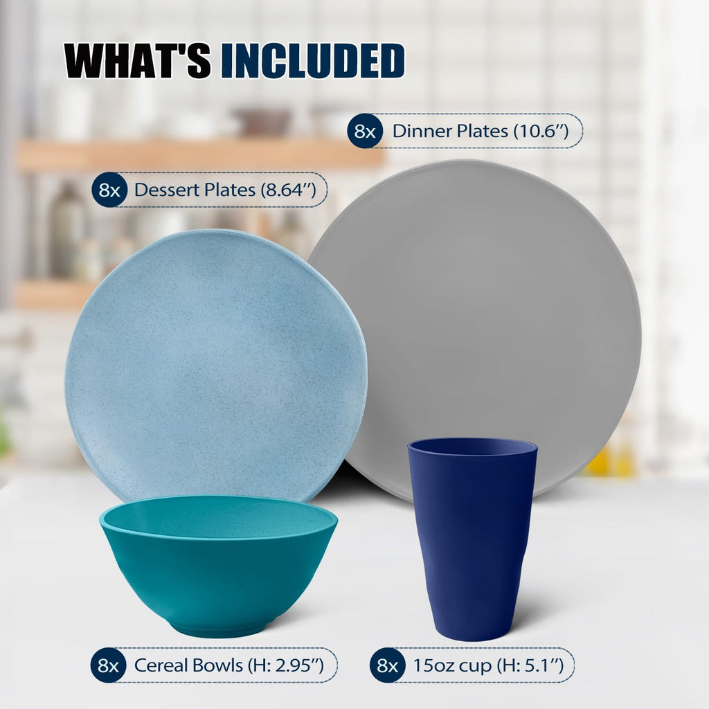 Teivio 32-Piece Kitchen Wheat Straw Dinnerware Sets for 8, Dinner Plates, Dessert Plate, Cereal Bowls,Cups, Unbreakable Plastic Colorful Apartment Outdoor RV Camping Dishes, Irregular Teal Ombre
