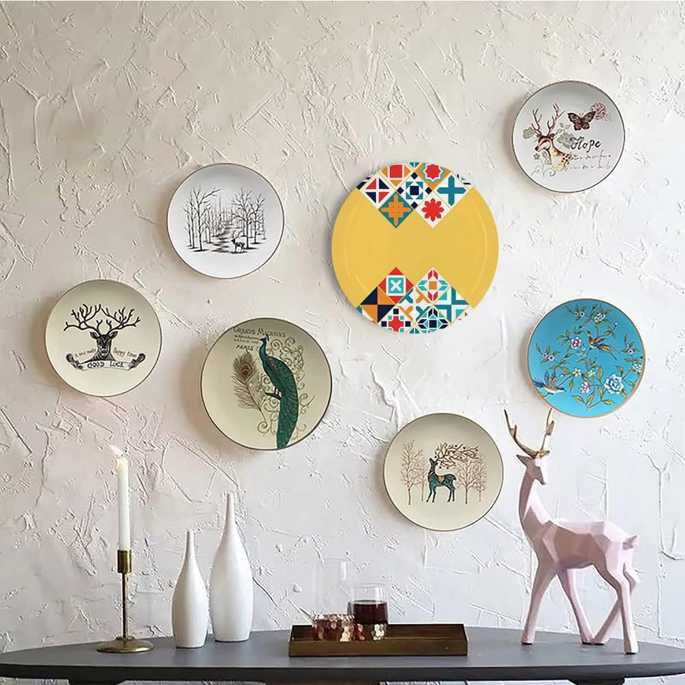 Ceramic Display Plate, Yellow and Blue Ceramic Hanging Decorative Plate, Colorful Geometric Traditional Motifs Tile Design, 7 Inch, Living Room Kitchen Decoration Household, Multicolor