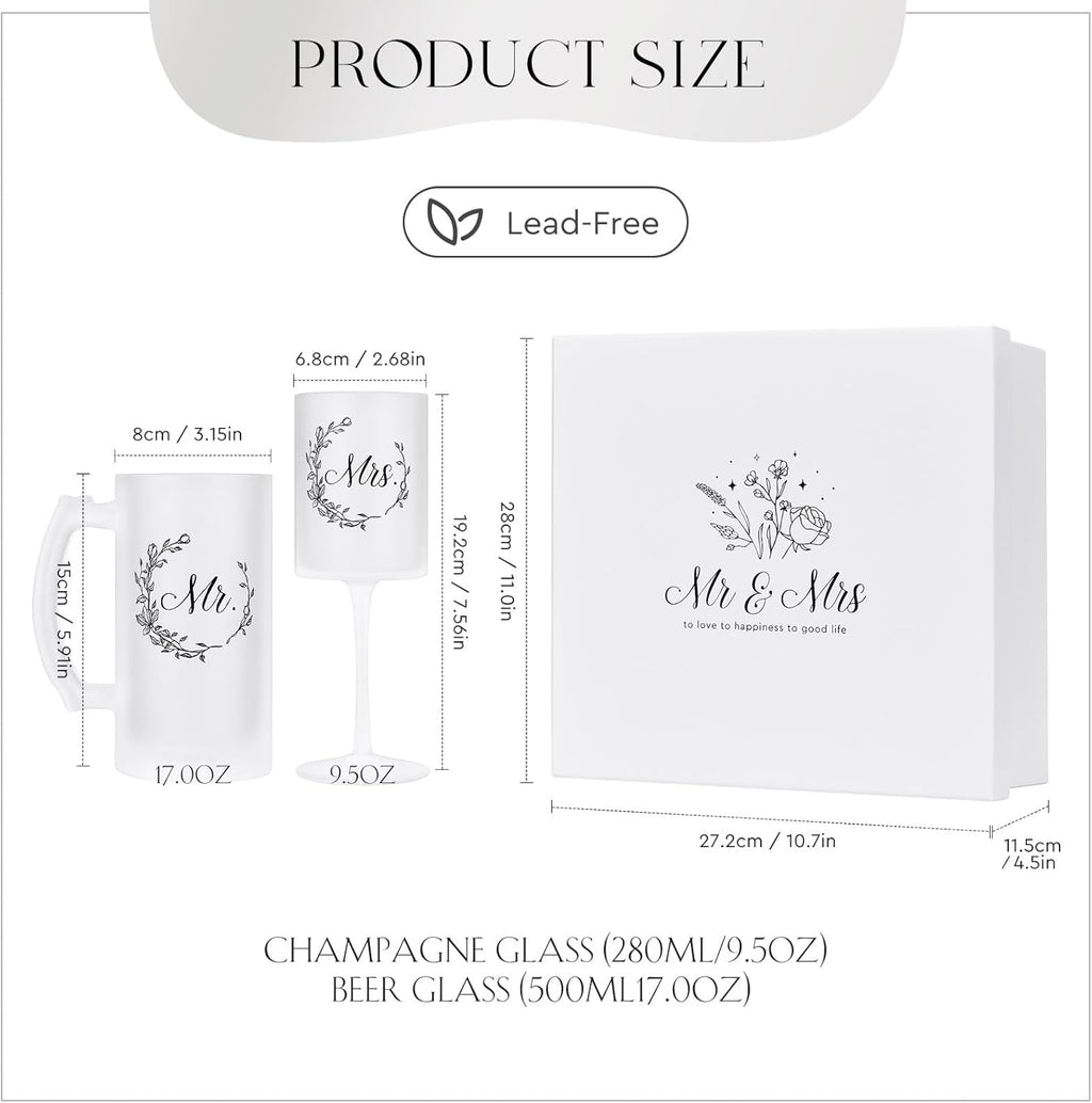 AW BRIDAL Mr & Mrs Wine Glass and Beer Mug Gift Set for Wedding Couples, 2025 Bridal Shower Engagement Gifts for Newlyweds, Bride and Groom Champagne Flutes for Annivesary Bachelorette Party