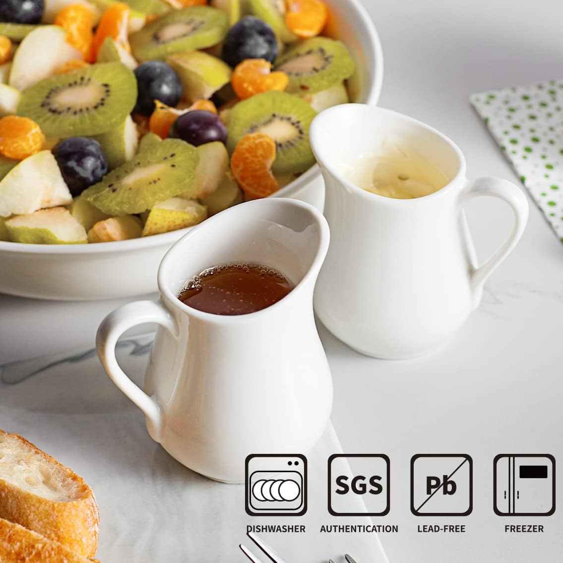 Gurygo 2 Pack 4 Oz Classic White Ceramic Small Creamer Pitcher with Handle- Fine Porcelain Small Milk Pitcher - Ceramic Creamer Container for Coffee Milk Sauces Salad, Microwave & Freezer Safe