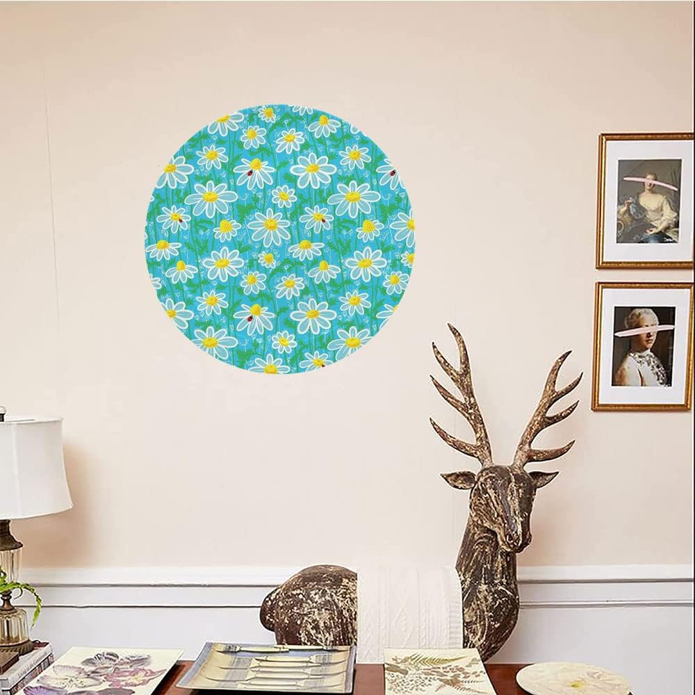 Decorative Plates, Yellow and Blue Print Ornament, Meadow Art Pattern with Ladybirds and Chamomile Daisy, 10 Inch, 1 Plate with 1 Display Stand, Aqua White Marigold