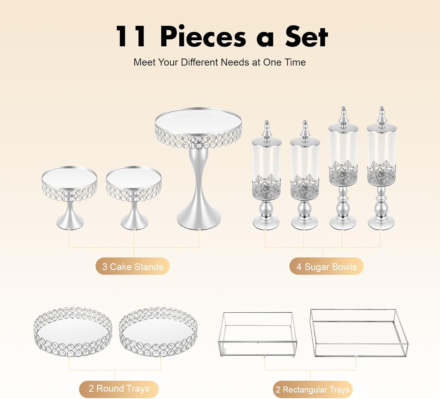 Silver Cake Stand with Base 11 Pieces Cup Cake Stands Glass Dessert Stands Display Set Candy Holder for Baby Shower Wedding Birthday Celebration Party Home Decor