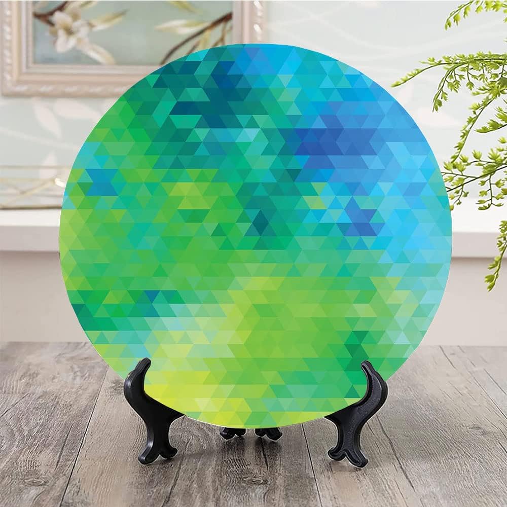 Decorative Plates, Yellow and Blue Print Ornament, Geometric Abstract Pattern with Triangles Ombre Inspired, 6 Inch, Kitchen Wall Decor, Turquoise Lime Green Yellow