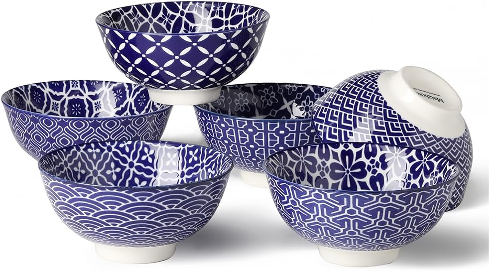 Blue and White Bowls, Ceramic Dessert Bowls 10 Oz, Porcelain Bowl Set for Ice Cream, Decorative Bowls for Snack Soup Condiments, Side Dishes, Set of 6