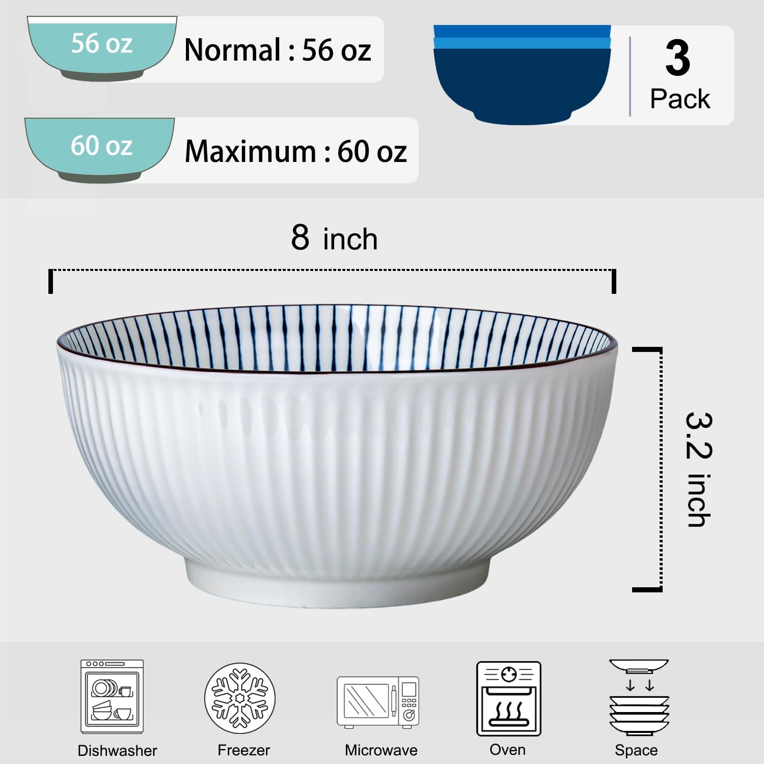 60 oz Large Soup Bowl, Pho Bowls, 8 Inch Blue and White Porcelain Japanese Ramen Bowls Set of 3 - Striped Pattern