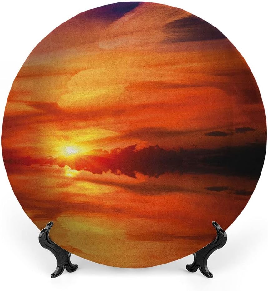 Ceramic Plates, Nature Decorative Ceramic Plates, Dramatic Sunset Sky Clouds on Lake Horizon, 10 Inch, Household Plates Decorative, Red Vermilion Marigold
