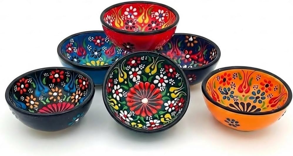 Turkish Ceramic Pinch Bowls Set of 6 – Small Dipping Bowls for Charcuterie Boards, Appetizers, Snacks & Sauces -Handcrafted Turkish Bowl for Serving, Decor & Gifts (3.2”)