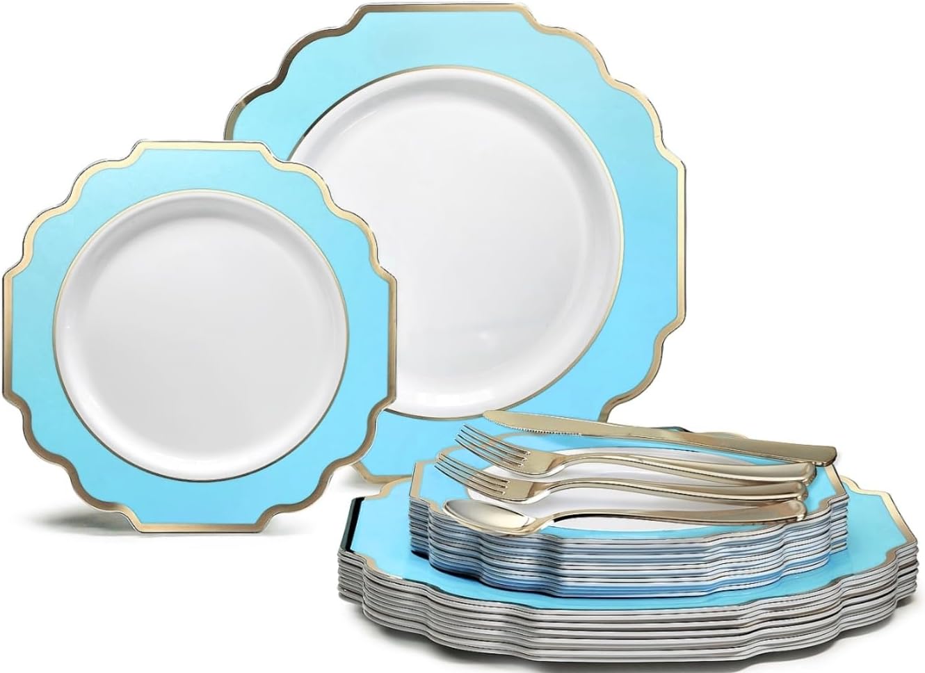 " OCCASIONS " 150 Piece set (25 Guests)-Wedding Plastic Plates & cutlery -Disposable heavyweight Dinnerware 10.5'', 8''+Silverware w/double fork (Imperial Aqua/Gold))
