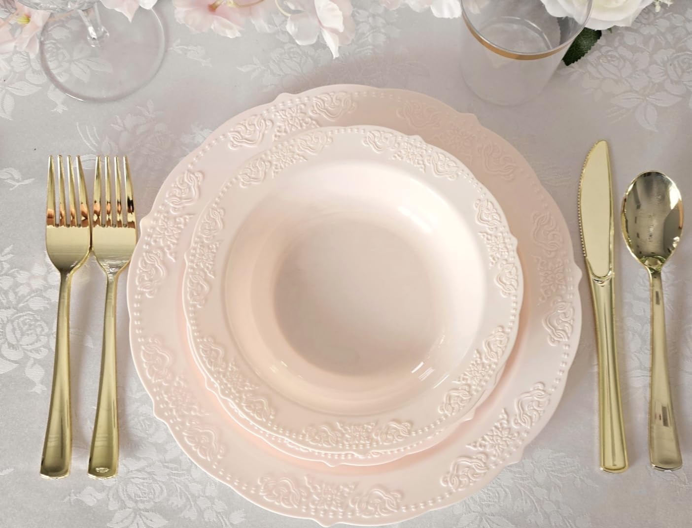 " OCCASIONS " 240 Plates Pack,(120 Guests) Vintage Wedding Party Disposable Plastic Plates Set-120x10.25'' Dinner +120x7.5'' Salad/Dessert Plate (Portofino Light Pink/Blush)