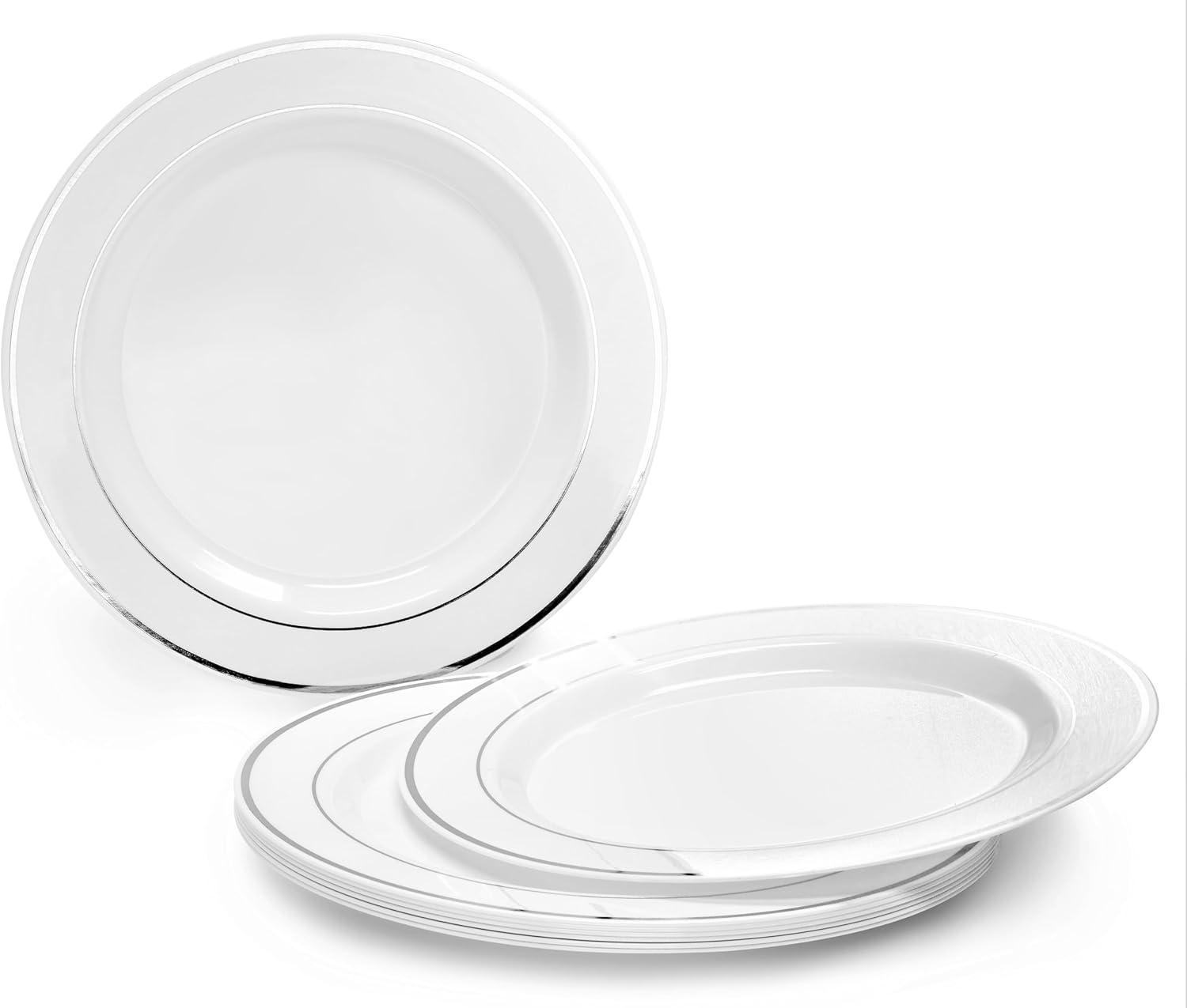 " OCCASIONS " 150pcs set (25 Guests)- Disposable Heavyweight DinnerwareWedding Plastic Plates & cutlery - 10.5'', 7.5'' + Silverware w/double fork (White & Silver Rim)