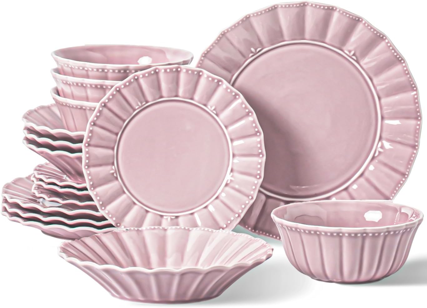 Plates and Bowls Sets for 4, 16 Piece Dinnerware Sets, Porcelain Plate set, Ceramic dish set, Wedding kitchen & dining, Microwavable Dreamy Sakura Pink