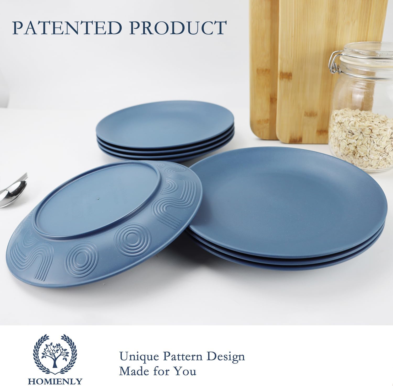 Homienly Flat Dinner Plates Set of 8 Alternative for Plastic Plates Microwave and Dishwasher Safe Wheat Straw Plates for Kitchen Unbreakable Kids Plates (Blue, 9 inch), MS 01