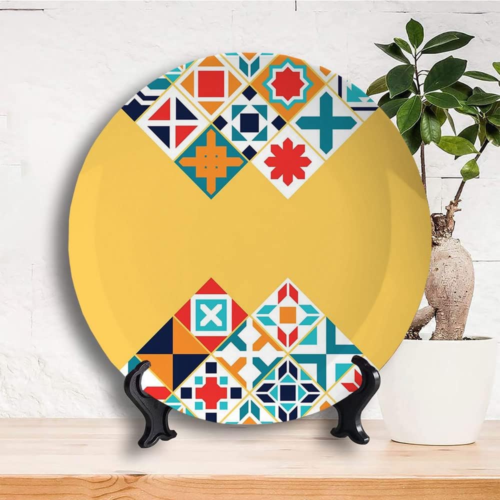 Decorative Plates, Yellow and Blue Print Ornament, Colorful Geometric Traditional Motifs Tile Design, 8 Inch, Kitchen Wall Decor, Multicolor