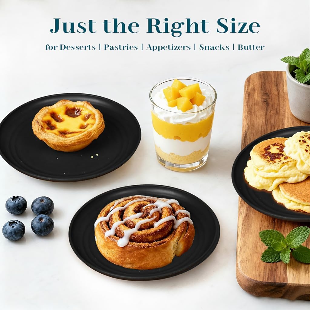 5.7 Inch Dessert Plates Set of 8, Unbreakable Wheat Straw Plate Appetizer Plates, Plastic Plates Reusable, Microwave & Dishwasher Safe Mini Plate for Kitchen (Black)